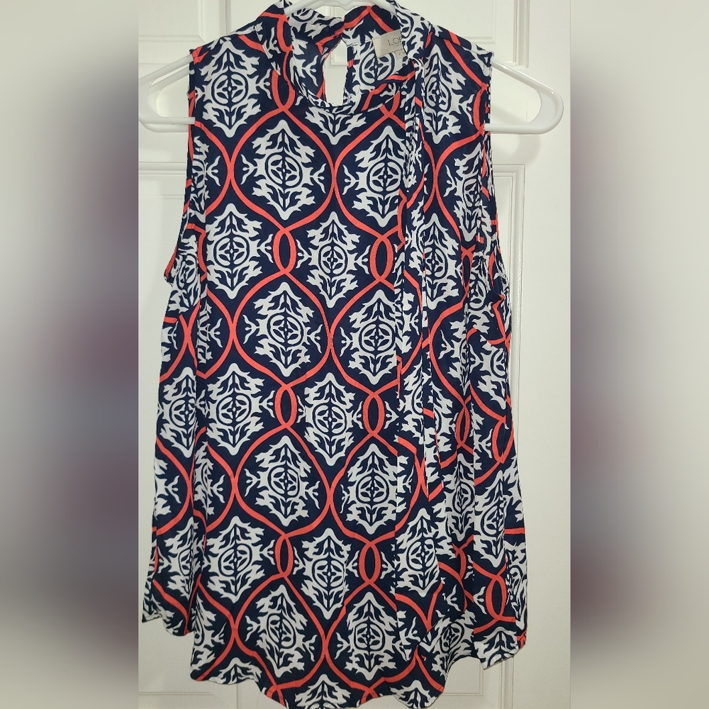 LOFT Dark Navy and Red Patterned Sleeveless Top